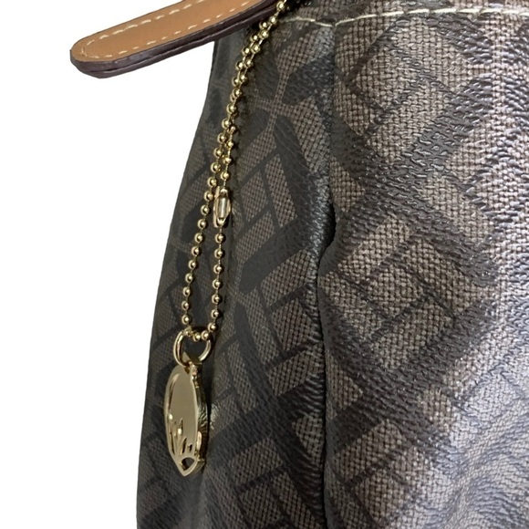 Big Buddha 2 Tone Brown Logo Pattern 3 Large Compartment Top Zip Satchel Handbag - Picture 7 of 16